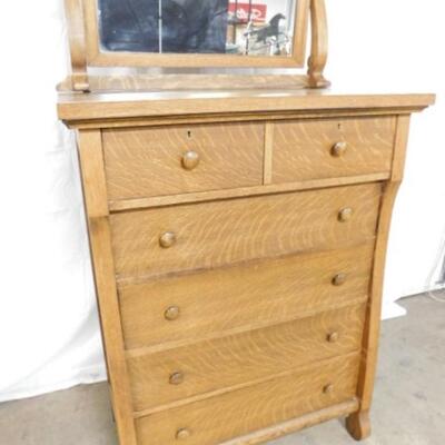 Antique Solid Tiger Oak 2 over 4 Dresser with Mirror Top
