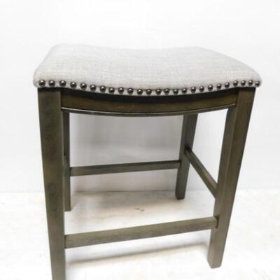 Wood Frame Upholstered Saddle Seat with Brass Tack Accents