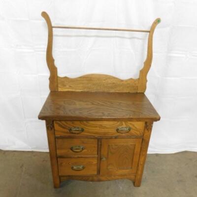 Antique Solid Wood Oak Washstand with Towel Rod