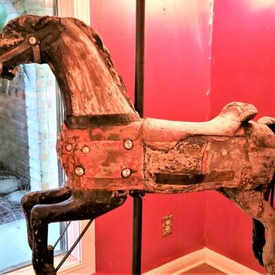 Lot #215  Fantastic ORIGINAL antique Carousel Horse on Stand