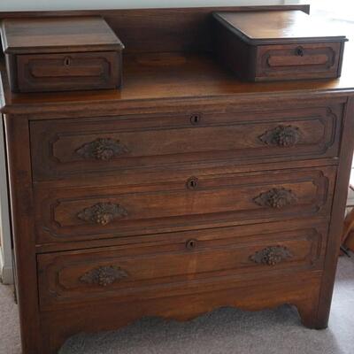 1880' CARVED PULL DRESSER W/ TWO HANKIE BOXES
