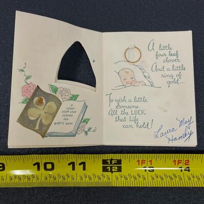 VINTAGE â€œGOOD LUCK FOR BABYâ€ CARD W/ 10K GOLD RING