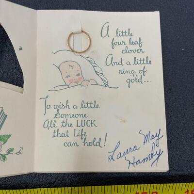 VINTAGE â€œGOOD LUCK FOR BABYâ€ CARD W/ 10K GOLD RING