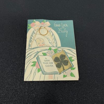 VINTAGE â€œGOOD LUCK FOR BABYâ€ CARD W/ 10K GOLD RING