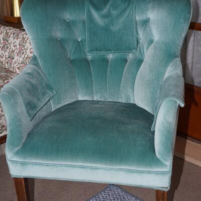 Circa 1940's teal colored wingback channel back chair with tufting.