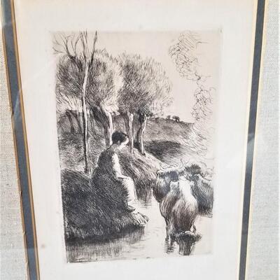 #226  Charming Etching by noted Impressionist Artist Camille Pissarro - numbered