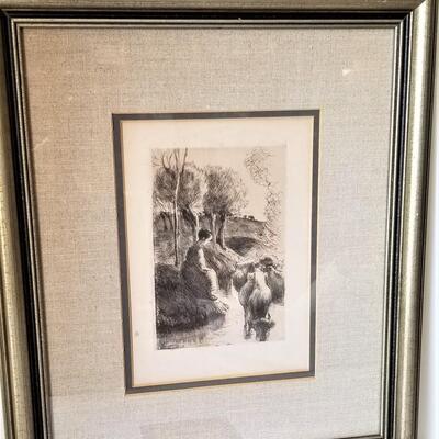 #226  Charming Etching by noted Impressionist Artist Camille Pissarro - numbered