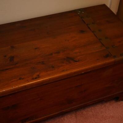 NATURAL WOOD CEDAR CHEST WITH COPPER STRAPPING