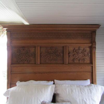 Antique High Back Oak Bed with Relief Accents