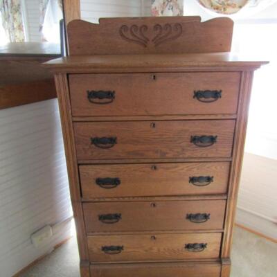 Antique Solid Oak Dovetailed High Chest of Drawers with Wall Mirror