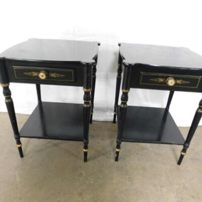 Pair of Black Wood Hitchcock Design Side Tables