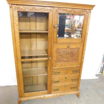 Stunning Antique Oak Side-by-Side Display Cabinet and Front Drop Secretary