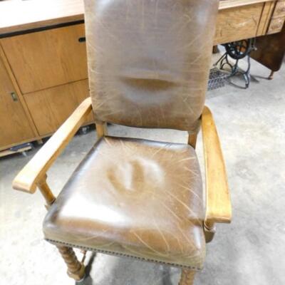 Set of Four Lane Leather Dining Chairs with Barley Twist Wood Frames (See all Pictures)