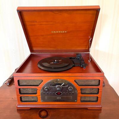 LOT 2  CROSLEY AM/FM RADIO, PHONOGRAPH, CASSETTE, CD PLAYER, VINTAGE STYLE CABINET