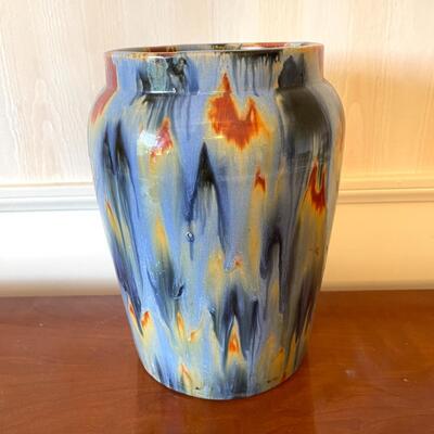 LOT 3  1920s PACIFIC POTTERY 12.5" TALL STONEWARE BLENDED GLAZE WIDE MOUTH VASE DRIP