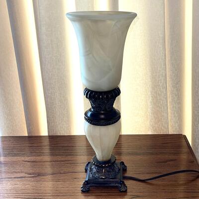 LOT 22  CONTEMPORARY OPAQUE GLASS & METAL TORCHERE TABLE LAMP 18" TALL