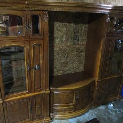 Beautiful Walnut Wood Finish Media Center with Two Display Towers and Bowfront Console