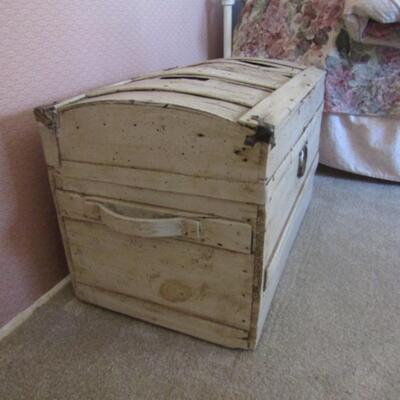 Antique Wooden Trunk with Painted Finish and Metal Tab Corners
