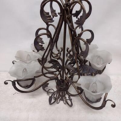 Wrought Metal Leaf and Glass Flower Shade Chandelier