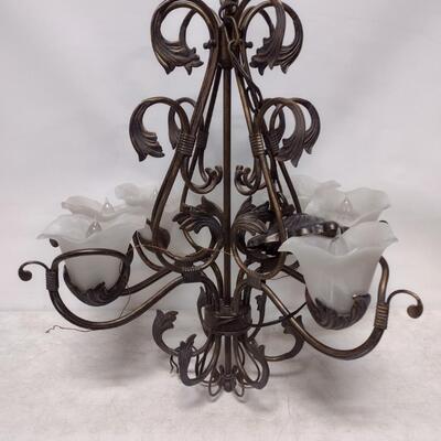 Wrought Metal Leaf and Glass Flower Shade Chandelier