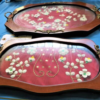 2 Vintage WOOD TRAYS GLASS TOP Paper Flowers SIGNED NP60