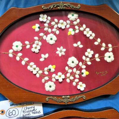 2 Vintage WOOD TRAYS GLASS TOP Paper Flowers SIGNED NP60