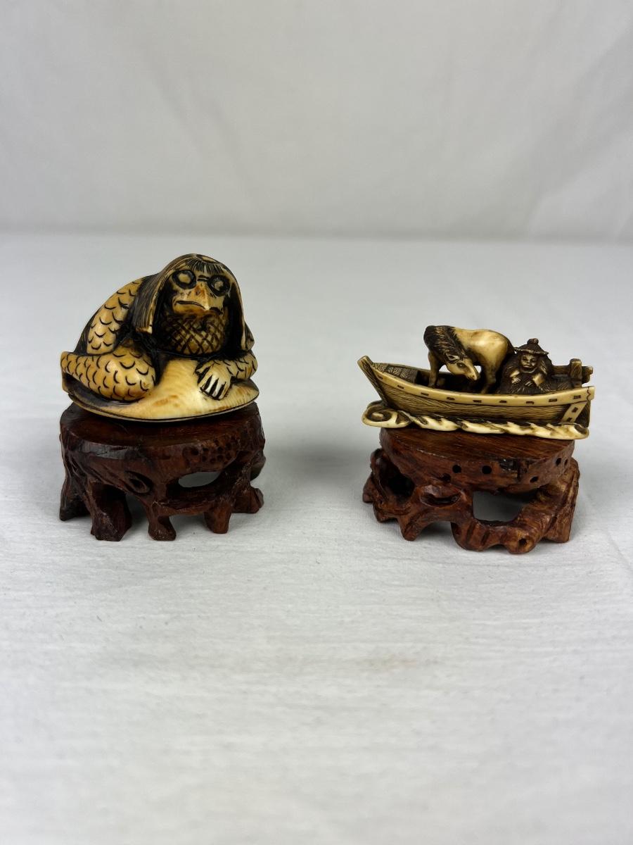 450 Pair of Netsukes made of Resin of Kappa & Man on Boat