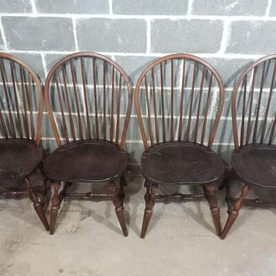Vintage early set of four D. R. Dimes crackle dark pine dining kitchen chairs