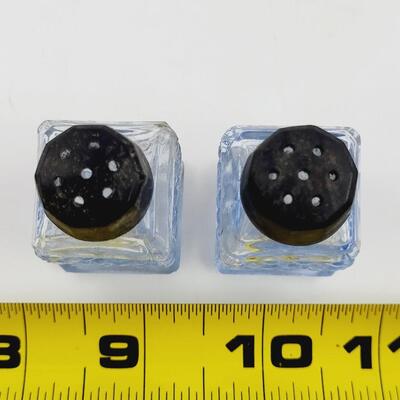 VINTAGE CUT GLASS BLUE SMALL SALT & PEPPER SHAKERS