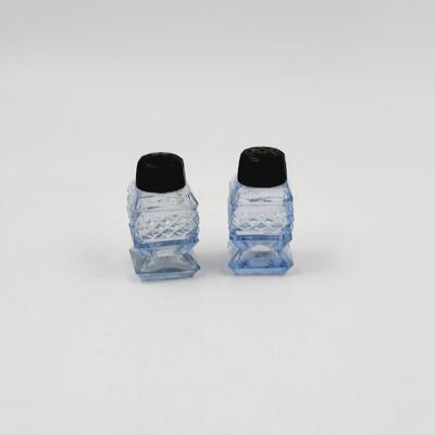 VINTAGE CUT GLASS BLUE SMALL SALT & PEPPER SHAKERS