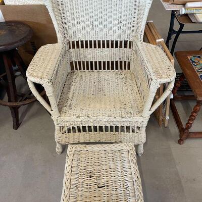 Vintage wicker chair with stool 