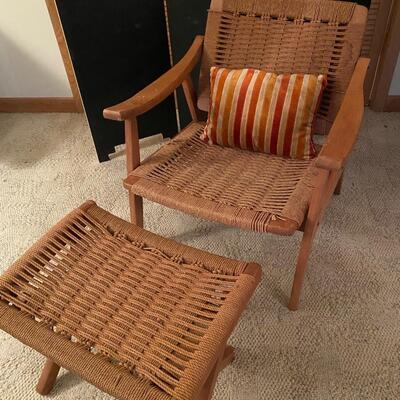 MCM Danish Modern wood & rush chair with ottoman
