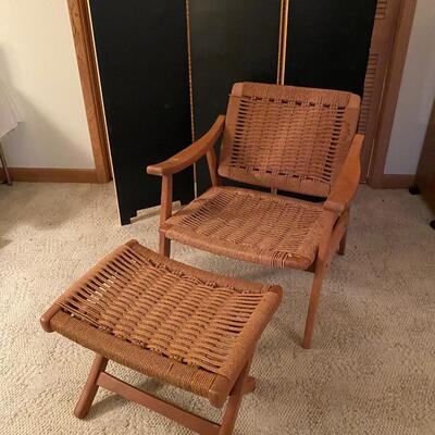 MCM Danish Modern wood & rush chair with ottoman