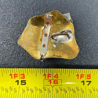 LARGE ABSTRACT BRASS PENDANT W/ GREEN STONE - CHRYSOCOLLA?