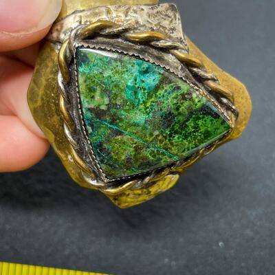LARGE ABSTRACT BRASS PENDANT W/ GREEN STONE - CHRYSOCOLLA?