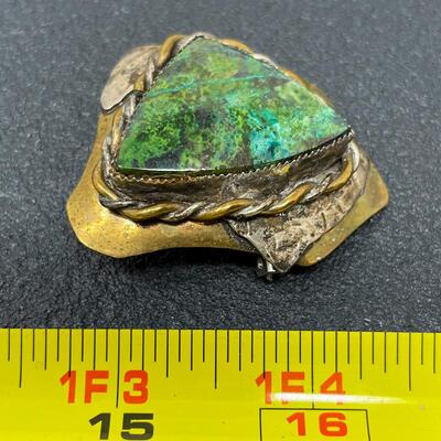 LARGE ABSTRACT BRASS PENDANT W/ GREEN STONE - CHRYSOCOLLA?