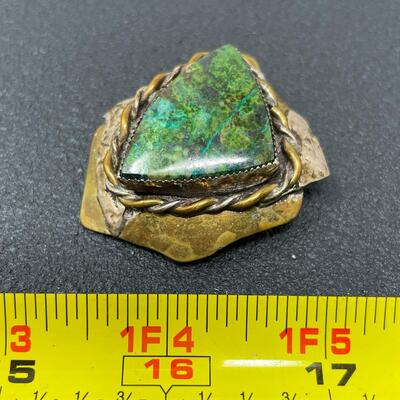 LARGE ABSTRACT BRASS PENDANT W/ GREEN STONE - CHRYSOCOLLA?