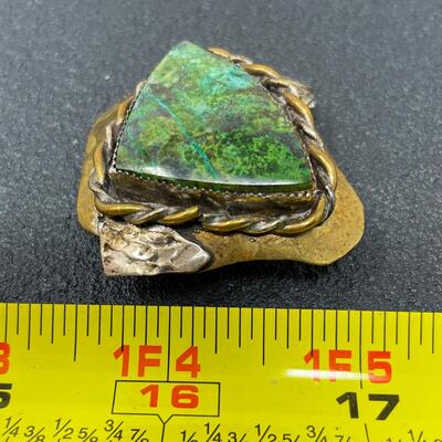 LARGE ABSTRACT BRASS PENDANT W/ GREEN STONE - CHRYSOCOLLA?