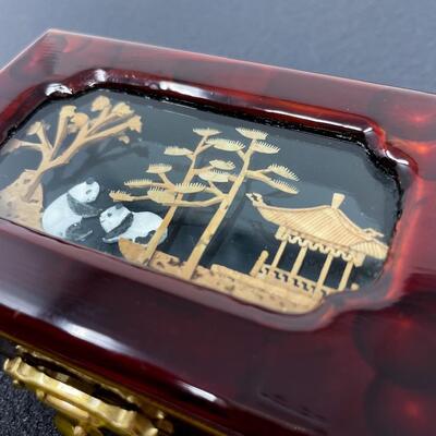 CHINESE JEWELRY BOX W/ CARVED DIORAMA PANDA DESIGN