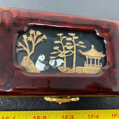 CHINESE JEWELRY BOX W/ CARVED DIORAMA PANDA DESIGN