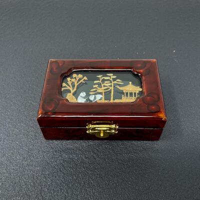 CHINESE JEWELRY BOX W/ CARVED DIORAMA PANDA DESIGN