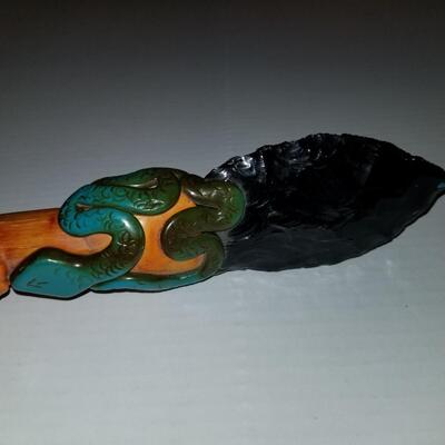 Vintage Southwestern carved onyx face warrior totem rattle pole