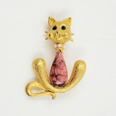 CATHE SIGNED VINTAGE STATEMENT GOLD TONED CAT PIN