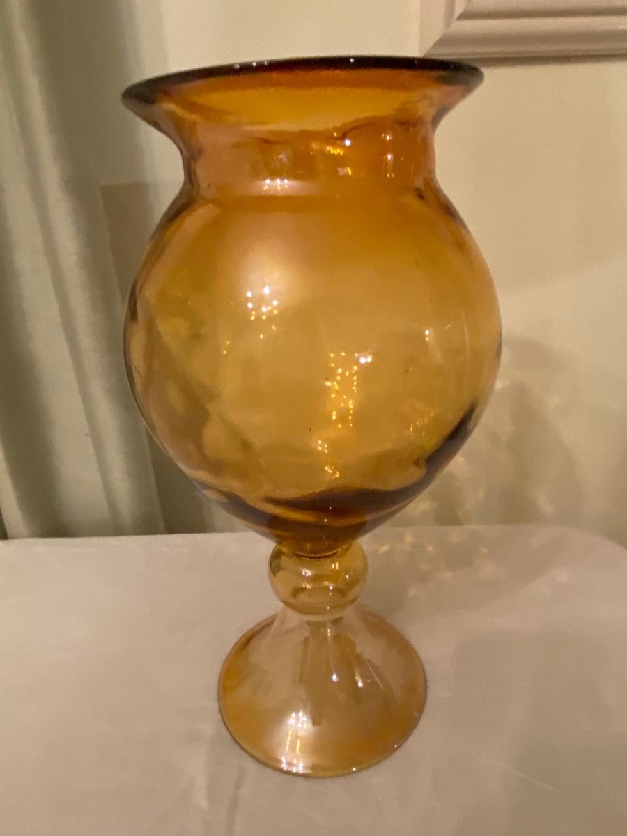 Tall hand blown amber colored vase, vintage