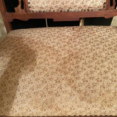 Antique Queen Anne upholstered settee. SEE DETAILS