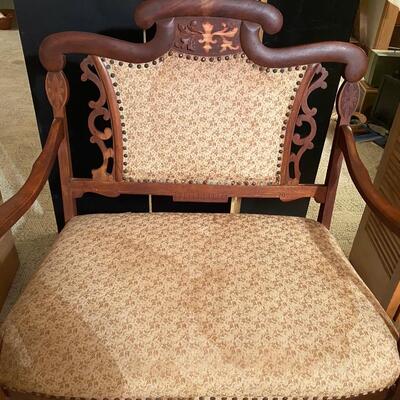 Antique Queen Anne upholstered settee. SEE DETAILS