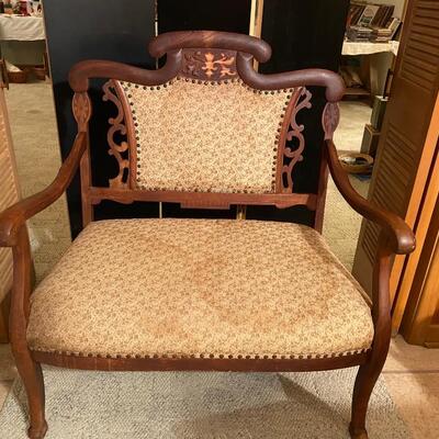 Antique Queen Anne upholstered settee. SEE DETAILS