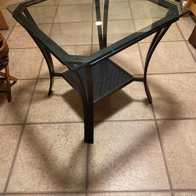 Square metal glass top table with shelf