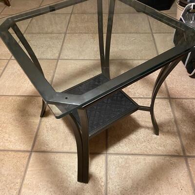 Square metal glass top table with shelf