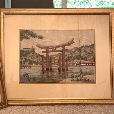 Lot 48 Pair Framed Japanese Textiles Woman in Kimono + Red Temple Gates Woven Pictorials